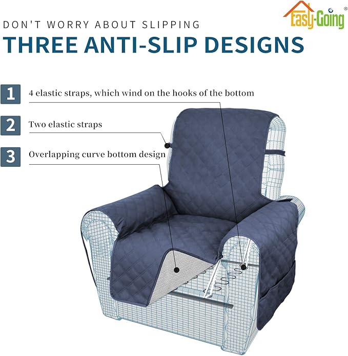 Easy-Going Sofa Slipcover Waterproof Recliner Chair Cover Non-Slip Fabric Couch Cover for Living Room Washable Furniture Protector for Pets Kids Children Dog Cat (Recliner, Navy)