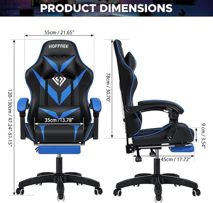 HOFFREE Massage Gaming Chair for Kids Computer Gamer Chair with Footrest and Lumbar Support Reclining PC Game Chair with Headrest for Gaming Room Blue and Black