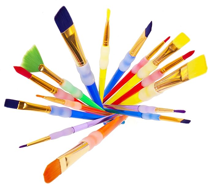 Horizon Group USA E-Z Grip Paint Brushes - 15 All Purpose Easy Grip Paint Brushes, Soft Rubber Grip Handle, Great with Watercolor, Acrylic & Washable Paints. Assorted Multicolored