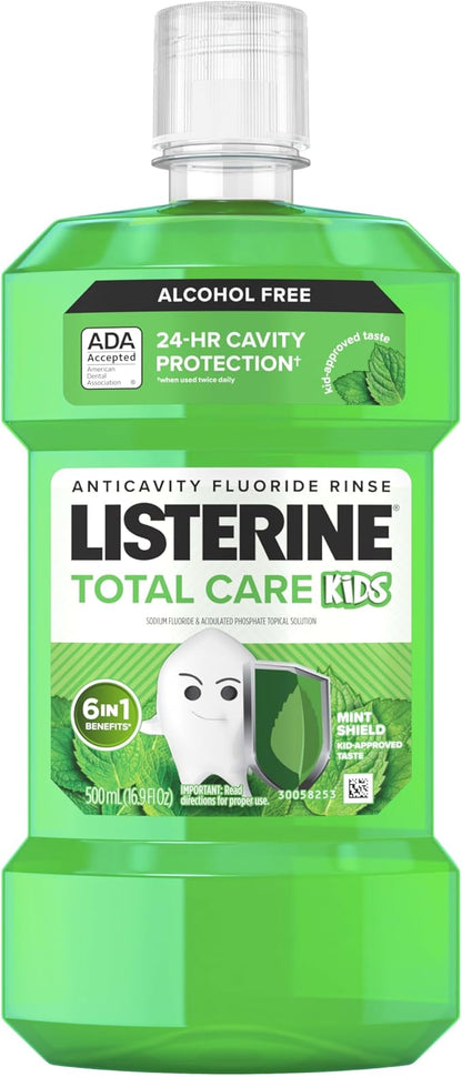 Listerine Total Care Kids Mouthwash, ADA Accepted, Alcohol-Free Anticavity Sodium Fluoride Mouthwash, Kids' Oral Rinse for Cavity Protection, Mint Flavor for Children's Oral Care, 500 mL