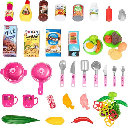 TEMI Play Kitchen Playset Pretend Food - 53 Pieces Pink Kitchen Toys for Toddlers, Toy Accessories Toddler Set with Sound and Light, Toddler Outdoor Playset for Kids, Girls and Boys