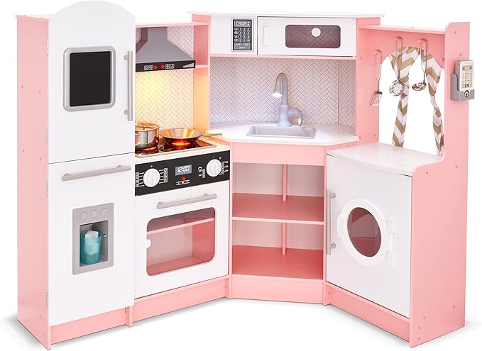 Lil' Jumbl Kids Corner Kitchen Set, Pretend Wooden Deluxe Play Kitchen, Battery Operated Icemaker, Stovetop & Faucet with Realistic Sound - Pink