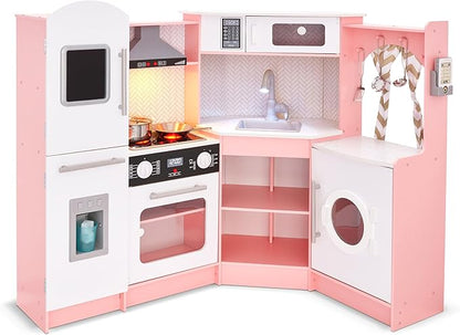 Lil' Jumbl Kids Corner Kitchen Set, Pretend Wooden Deluxe Play Kitchen, Battery Operated Icemaker, Stovetop & Faucet with Realistic Sound - Pink