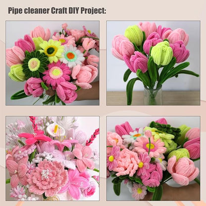 Swpohrat 600 Pcs Thick Craft Pipe Cleaners Bulk 6 Assorted Colors,12 Inch Chenille Stem Pipecleaner Kit for Craft Animals, Flowers Making,Creative DIY Decorations (Pink Flower Color)