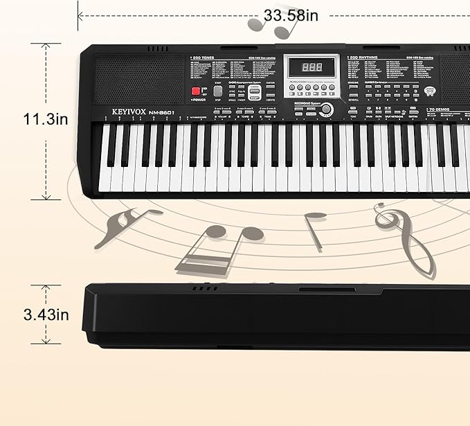 61-Key Electronic Keyboard Piano for Beginners with 200 Tones & Rhythms, Microphone, Learning Features, and Piano Note Stickers