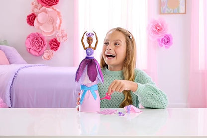 Barbie Petal Pop Scented Doll with Purple Floral Dress & Accessories, Bouquet Reveal with Pet Bunny & Surprises Like Watering Can, Necklace & Earrings