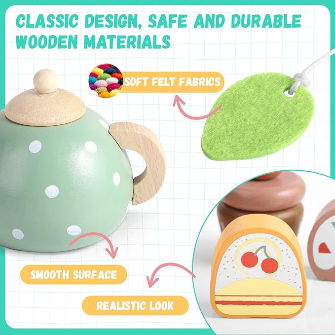 GAGAKU Wooden Tea Set for Little Girls Tea Set for Toddler Food Pretend Play Accessories Kids Kitchen Playset Tea Set for Toddlers