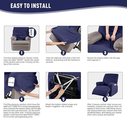 KinCam Recliner Covers, Stretch Reclining Chair Covers, Recliner Sofa Slipcovers Stripe Jacquard Recliner Couch Covers Furniture Protector Covers for Pet Kid (1 Seater, Dark Blue)