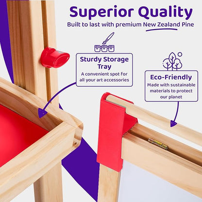 Blue Squid Art Easel for Kids - Dual-Sided Adjustable Wooden Painting Easels, Ideal Christmas Gift for Toddlers and Kid - with Magnetic Chalk Board, White Board & Paper Roll, Includes Accessories