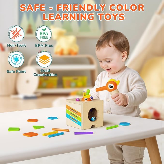 Montessori Toys for 1-3 Year Old – 5-in-1 Wooden Activity Cube with Magnetic Bird Feeding Game, Woodpecker Toy, Busy Toy for Fine Motor Skills, Shape Sorter & Color Matching, Toddler Gift 18M+