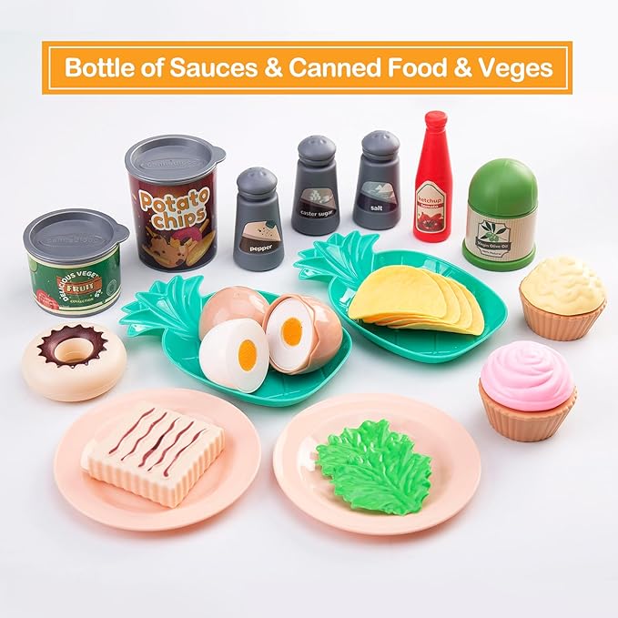 80Pcs Kitchen Playset, Toddler Pretend Cooking with Pots, Pans, Cookware, Food, Picnic Blanket, Fruits, Veges, Shopping Storage Basket, Dessert, Learning Gift for Girls Boys (Pink)