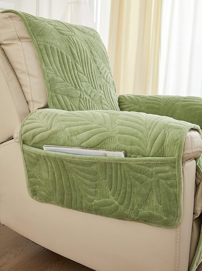 vctops Palm Leaves Velvet Plush Quilted Recliner Chair Cover Anti-Slip Super Soft Furniture Protector with Elastic Straps for Kids, Dogs, Pets, Green