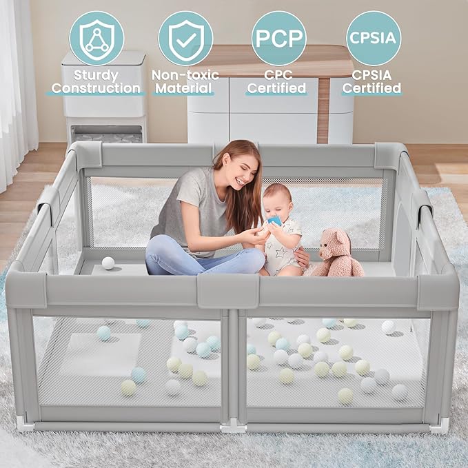 Hiaksedt 50 x 50 inch Baby Playpen with Ocean Balls and Pull Rings, Playpen for Babies and Toddlers, Baby Fence Playards, Safe Structure and Soft, Skin-Friendly Fabric with Zipper Gates.