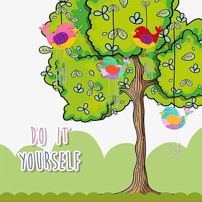 4pcs DIY Wooden Bird Wind Chime Crafts for Kids with Paint Kit Rhinestone Flower Stickers Summer Arts and Crafts for Kids 3 and Up