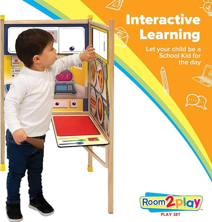 School Set - Large Kids School Pretend Play Set for Toddlers Ages 3+ Years –Wooden Toy Playset Folds Away for Easy Storage with 20 Fun & Interactive Pieces