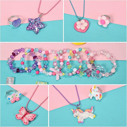 Lorfancy 18 PCS Kids Jewelry for Girls Bracelets Necklaces Rings Set Toddler Unicorn Butterfly Beaded Bracelet adjustable colorful Friendship Dress up Jewelry Gifts (A)