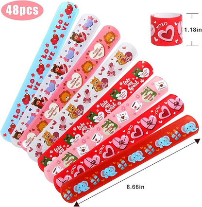 CCINEE 48PCS Valentine's Day Slap Bracelets, Assorted Heart Animal Printed Slap Wristbands Valentine Cartoon Snap Bands for Kids School Classroom Exchange Gifts Party Favor