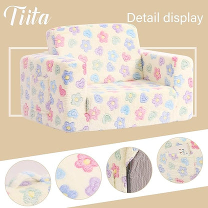 Tiita Kids Sofa, 2-in-1 Kids Sofa Chair, Convertible Children Couch to Lounger, Flip Out Kids Sofa Chair, Toddler Armrest Chair Bed, Folding Kids Play Sofa for Girl or Boy, White Flower