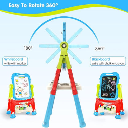 Kids Art Easel, Adjustable Drawing White Board & Chalk Board, Toddler Standing Easel with Painting Accessories, Gift for Girls Boy (Blue)