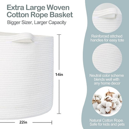 MEGASKET White Cotton Rope Storage Basket, 22" X 22" X 14" Extra Large Blanket Storage Living Room, XL Soft Toy Bin for Organizing, Woven Baby Laundry Basket with Handle, White Wicker Hamper Nursery