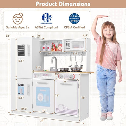 Costzon Play Kitchen for Kids, Wooden Toy Kitchen Set with Blackboard, Faucet, Sink, Oven, Microwave, Dishwasher, Accessories, Pretend Cooking Toy for Toddlers, Kids Kitchen Playset, Gift for Ages 3+
