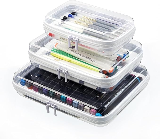 MACOPRO 3PCS Clear Zipper Pouches, Kid's Toy Storage Organizer Bins, Zippered Hard Pouch Double, Portable Makeup and Cosmetic Bag, Hard Plastic Case,Clear Zipper Bags Pencil Case, Christmas Storage