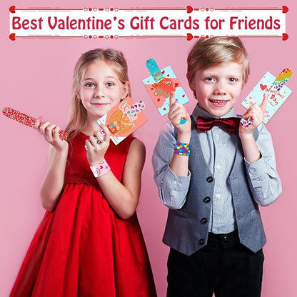 Leesgel 32pcs Valentines Cards for Kids Classroom, Valentines Day Surprise for Kids School with Toys Slap Bracelets, Class Valentines Cards Bulk for Party Favors Supplies