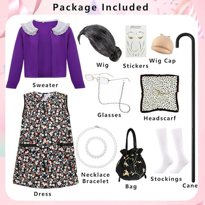 Kids Old Lady Costume for Girls 100 Day of School Costume Girls Grandma Costume Dress 100th Day of School Costume