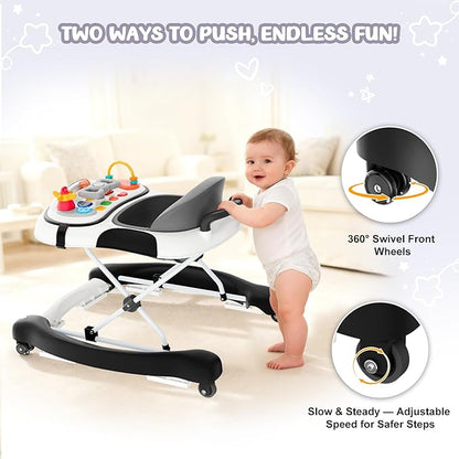 5-in-1 Foldable Baby Walker,Music and Lights Baby Walker with Wheels,Height Adjustable Infant Walker, with Activity Center, Rocker, Bouncer,Push Walker & Feeding Tray for Babies 6-18 Months (Black)