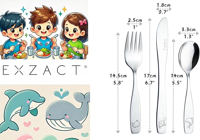 Exzact Children Flatware 6pcs, Stainless Steel Kids Silverware Toddler, Dishwasher Safe, BPA Free, 24M+, Engraved Ocean Creatures Dolphin, Turtle, Whale