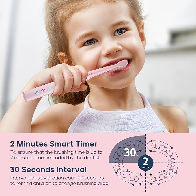 SEAGO Kids Electric Toothbrush, Sonic Soft Bristle Rechargeable Toothbrushes with DIY Stickers, 5 Modes, Includes 4 Replacement Brush Heads, Ages 3 to 12 Years Old (Pink)