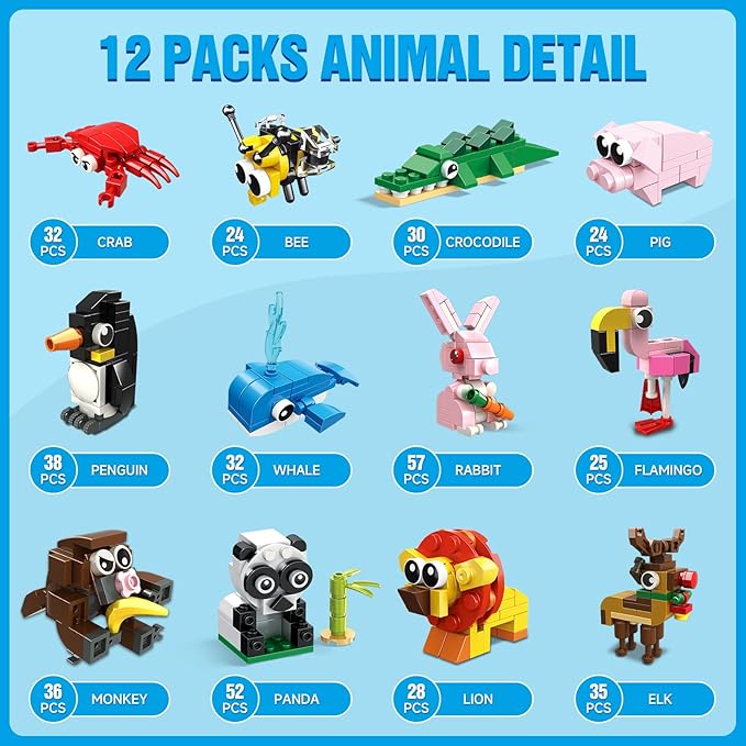 HOGOKIDS Party Favors for Kids - 12 Pack Animals Building Blocks Toy for Easter Gifts Goodie Bags Classroom Prizes Stocking Stuffers Building Set Valentines Day Birthday Gift for Boy Girl Ages 6-12+