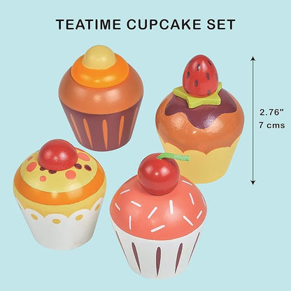Mentari Toys - Teatime Cupcake Set - 4pc Wooden Cupcake Play Food Set - Pretend Play Kitchen and Market Food Accessories - Encourages Role Play and Develops Social Skills - Gift for Toddlers - Age 3+
