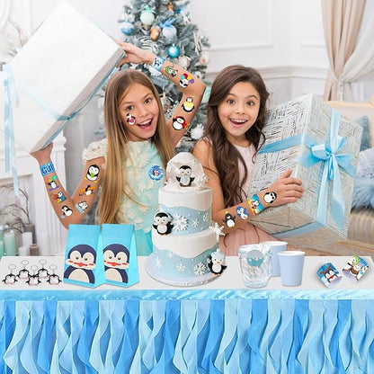 Penguin Party Favors, Penguin Temporary Tattoos Slap Bracelets Keychains Badges Gift Bags for Winter Penguin Birthday Party Supplies Decorations Gifts for Kids Classroom Rewards Baby Shower