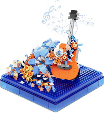 Guitar Mini Building Block Sets with Colorful Flower Decor, Micro Building Sets with Dust Cover,Gift for Girl,Lover,Mother, Home Office Decor Kit Suit for Kids and Adult Aged 8+(Guitar)