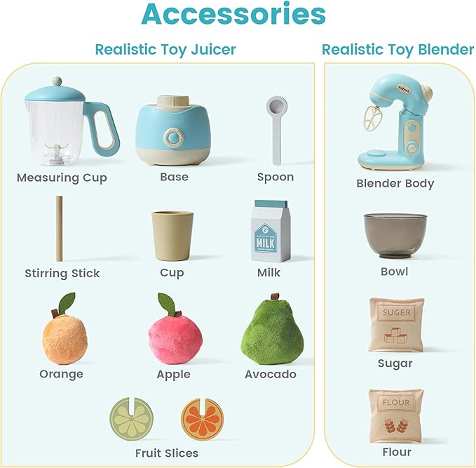 ROBUD Play Kitchen Toys, Toy Blender and Toy Juicer Set, Pretend Play Kitchen Appliances Toy Set with Accessories, Realistic Light and Sound, Boys & Girls Toys Ages 3+