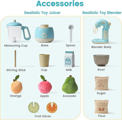 ROBUD Play Kitchen Toys, Toy Blender and Toy Juicer Set, Pretend Play Kitchen Appliances Toy Set with Accessories, Realistic Light and Sound, Boys & Girls Toys Ages 3+