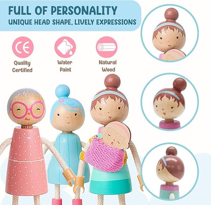 Giant bean Wooden Family Dolls Set of 7 for Dollhouse, Dollhouse People Miniature Dollhouse Accessories Toy for Boys Girls Kids Pretend Play 3 Years up