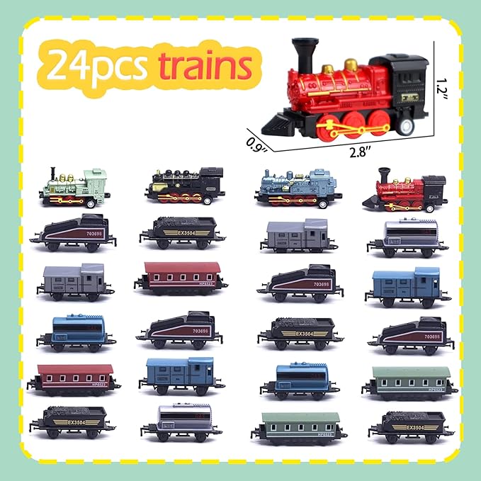 CORPER TOYS 4 Packs (24 Pieces) Pull Back Model Diecast Mini Train Toys Playset for 3 4 5 6 Year Old Boys Girls, Steam Train with Linkable Cars for Birthday Gifts