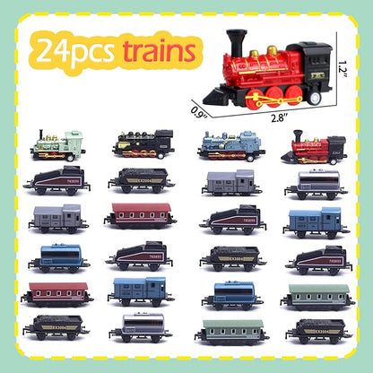 CORPER TOYS 4 Packs (24 Pieces) Pull Back Model Diecast Mini Train Toys Playset for 3 4 5 6 Year Old Boys Girls, Steam Train with Linkable Cars for Birthday Gifts