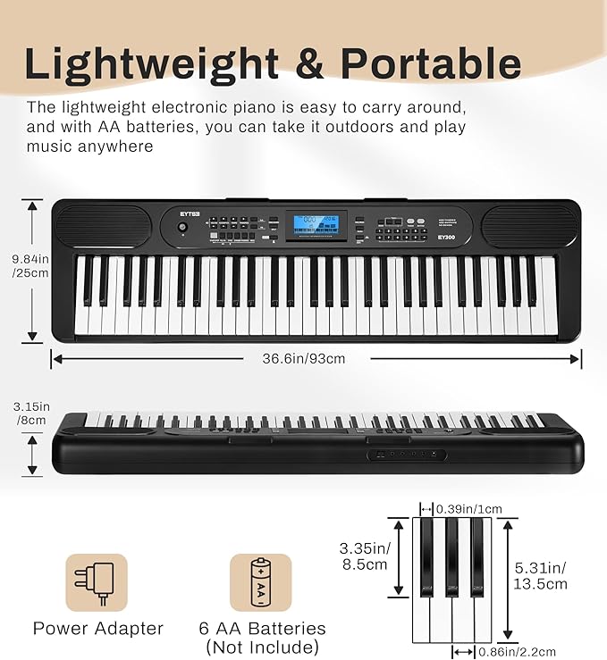 61 Key Piano Keyboard for Beginner, Lighted Keys with LCD Display, 600 Tones, 400 Rhythms, 50 Demos, 2 Teaching Modes, Headphones, Music Rest, Microphone, Sustain pedal
