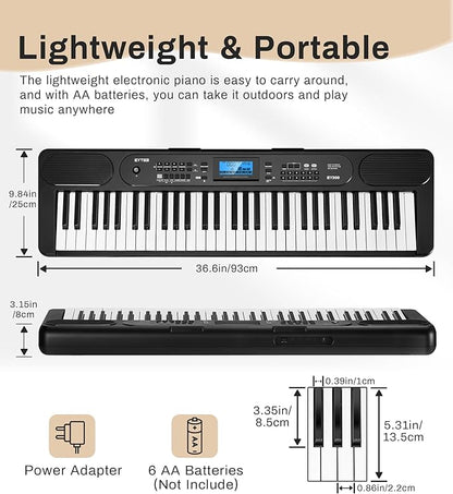 61 Key Piano Keyboard for Beginner, Lighted Keys with LCD Display, 600 Tones, 400 Rhythms, 50 Demos, 2 Teaching Modes, Headphones, Music Rest, Microphone, Sustain pedal