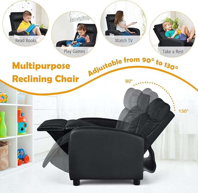 Costzon Kids Recliner, Adjustable PU Leather Lounge Chair with Side Pockets, Footrest, Headrest for Kids Aged 3-12, Black