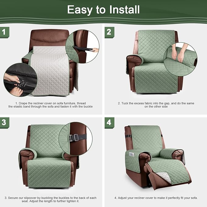 KinCam 100% Waterproof Recliner Chair Cover, Reclining Couch Covers for Pets, Dogs, Recliner Couch Slipcover Furniture Protector with Elastic Straps for Kids(23.6", Sage Green)