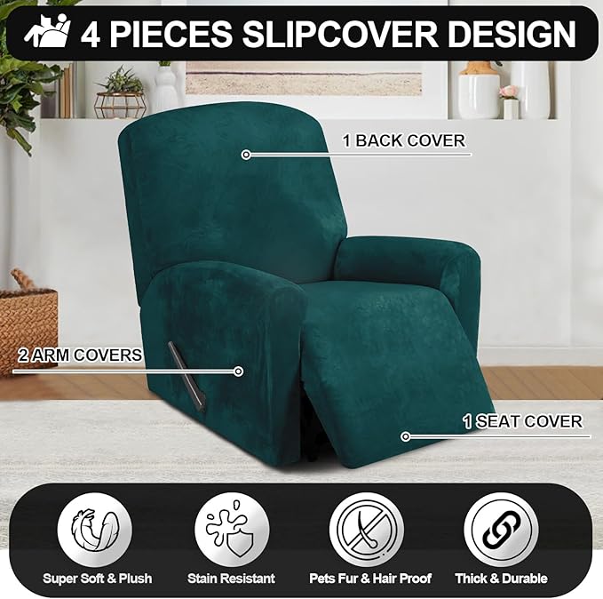 FestiCorp Recliner Chair Covers Real Velvet 4-Pieces Recliner Covers for Small Lazy Boy Recliner Chair Stretch Recliner Sofa Slipcovers Protector with Side Pocket & Elastic Bottom, Emerrald Green