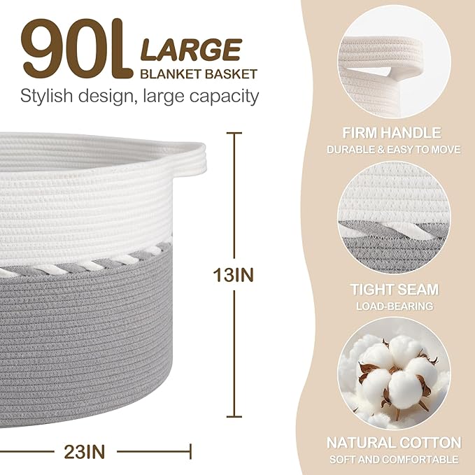 OIAHOMY 90L Blanket Basket for Living Room, Large Basket 23" x 23" x 13" with Handle, Laundry Hamper for Blankets, Pillows, Toy Storage for Kids, Dogs - Grey & White