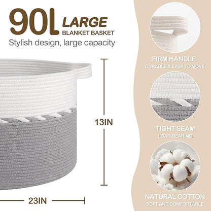 OIAHOMY 90L Blanket Basket for Living Room, Large Basket 23" x 23" x 13" with Handle, Laundry Hamper for Blankets, Pillows, Toy Storage for Kids, Dogs - Grey & White