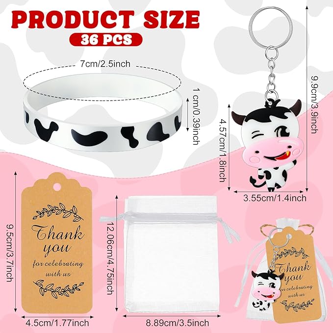 Sasylvia 144 Pcs Cow Party Supplies Include 36 Sets Cow Keychain Thanks Kraft Tags Rubber Bracelets White Organza Bags Cow Party Favors Cow Themed Party Decorations for Baby Shower Girl Boy