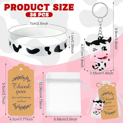 Sasylvia 144 Pcs Cow Party Supplies Include 36 Sets Cow Keychain Thanks Kraft Tags Rubber Bracelets White Organza Bags Cow Party Favors Cow Themed Party Decorations for Baby Shower Girl Boy
