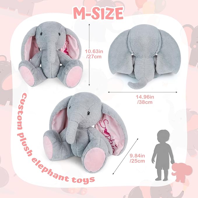 Personalized Gray Elephant Stuffed Animal with Name Embroidery – Soft Plush Toy with Poseable Limbs, Custom Gift for Baby Boys & Girls, Baby Shower & Birthday